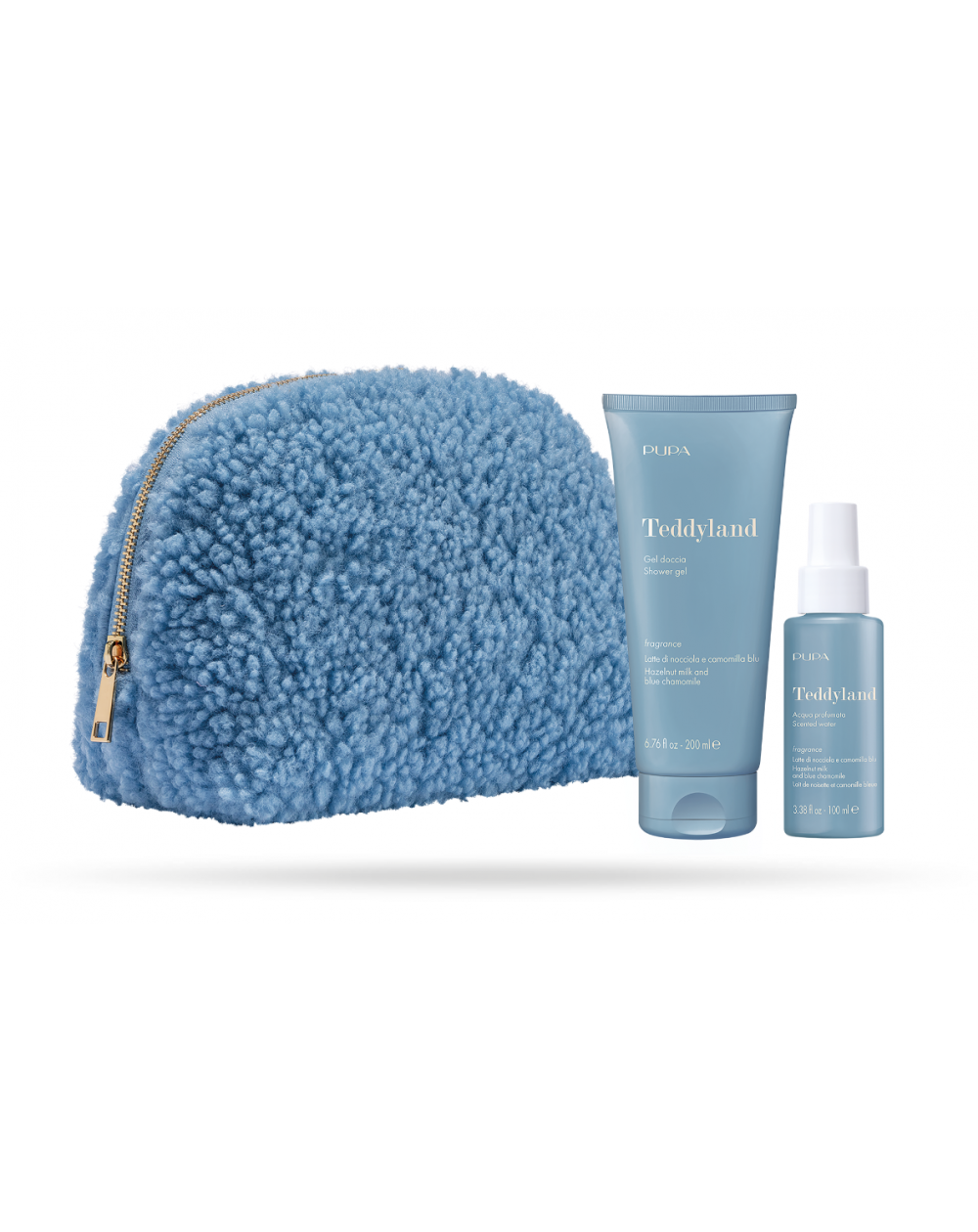 Coffret Teddyland Bleu - Lait de noisette et camomille bleue (Gel douche/eau parfumé)